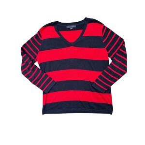 Tommy Hilfiger Striped V-Neck Cotton Knit Sweater Womens Large Red Navy Nautical